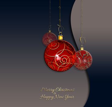 Red Christmas balls baubles with different gold ornament on dark blue background. Text Merry Christmas Happy New Year. 3D render