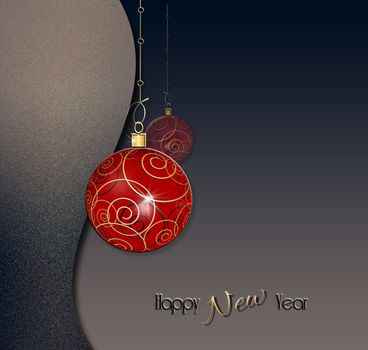 Luxury Christmas 2021 New Year background. Red balls baubles on blue curve background with gold glitter confetti. Copy space, mock up, place for text. 3D render