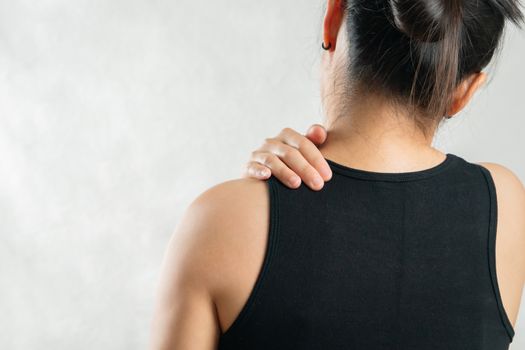 young women neck and shoulder pain injury, healthcare and medical concept