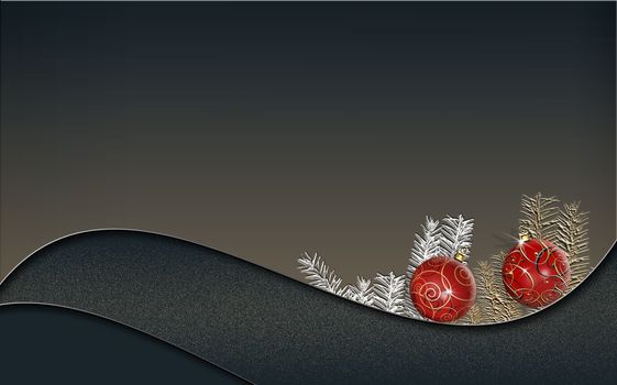 Premium luxury Christmas 2021 New Year background for holiday greeting card. Red balls baubles with fir branches on black curve background with gold confetti. Place for text, mock up. 3D render