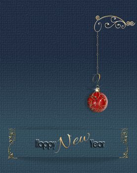 Luxury Christmas New Year background with red bauble and gold frame on paper stripe on blue background. Place for text. 3 illustration.