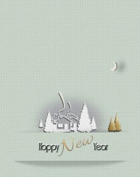 Beautiful minimalist Christmas 2021 New Year country winter landscape with houses, moon, gold Christmas tree in pastel green colour. Text Happy New Year. 3D render, place for text.
