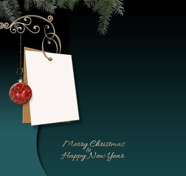 Elegant festive mock for Christmas New Year party invitation with gold red bauble on green background, Christmas fir branches and gift tag. Text Merry Christmas Happy New Year. 3D illustration.