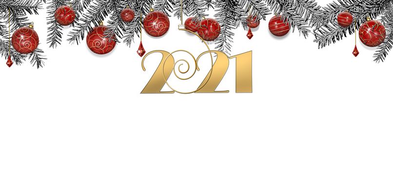 2021 Christmas border. Xmas design of red gold garland, with realistic baubles, pine branches and gold hanging digit 2021. Horizontal New Year poster, greeting card, header, website. 3D illustration