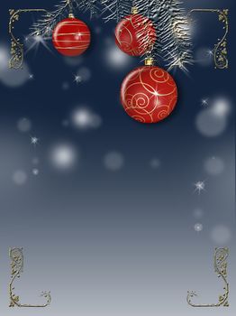 Beautiful red shiny Christmas border of baubles balls hanging on white fir branches on bokeh blue background. 3D illustration