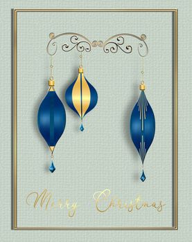Elegant luxury Christmas design with hanging blue gold baubles and text Merry Christmas on pastel green background. Xmas Card, flyer, header. Copy space. 3D illustration