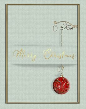 Beautiful minimalist Christmas 2021 New Year card in pastel green design with hanging gold red bauble in the border of paper stripe. Text Merry Christmas. 3D illustration