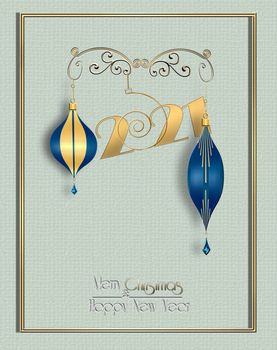 Elegant luxury vertical Christmas design with hanging blue baubles and text Merry Christmas Happy New Year. Xmas Card, flyer, header, festive menu. Copy space, mock. 3D illustration