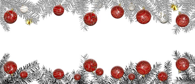 Wide Christmas New Year border with fir branches, red and gold baubles on white. Horizontal. Festive menu, greeting, invitation. Place for text, copy space, mock. 3D illustration
