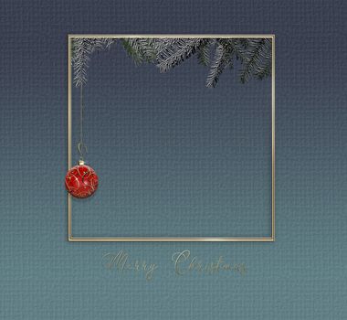 Elegant holiday 2021 New Year party invitation with gold red bauble on blue background with Christmas fir branches. Text Happy New Year. 3D illustration. Place for text. Mock up