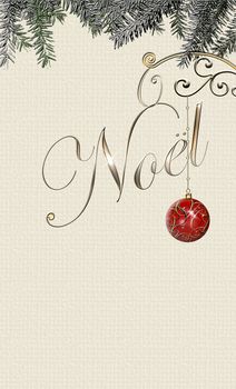 Elegant Christmas background with French text Noel and red gold bauble with fir branches on pastel background. 3D illustration