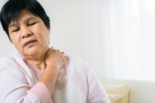 neck and shoulder pain of old woman, healthcare problem of senior concept