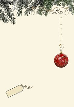 Minimalist elegant Christmas New Year card with red bauble with gold decoration, tag and Xmas fir branches. 3D illustration