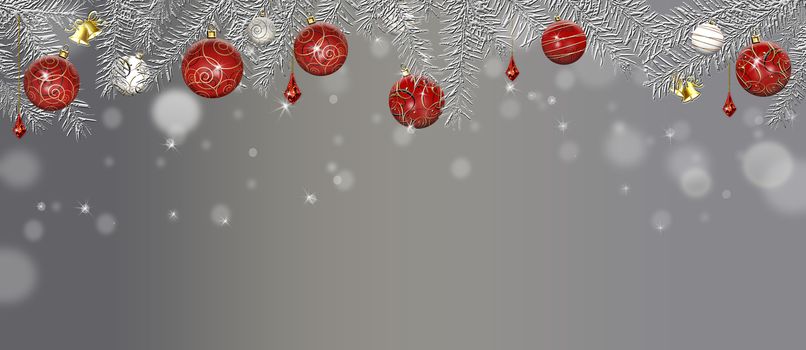 Christmas and New Year realistic silver banner with fir branches, garlands, bokeh. Christmas card, flyer, header, festive menu, greeting, invitation. Place for text, copy space, mock. 3D illustration.
