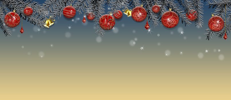 Wide Christmas banner. Xmas design of sparkling garland with realistic red gold baubles, fir. Horizontal christmas poster, greeting card, header, website, wide border. Place for text. 3D illustration