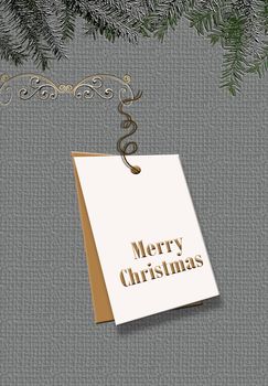 Minimalist Christmas design. Paper gift tag hanging on fir branches. 3D illustration