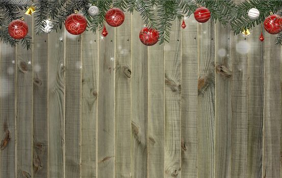 Christmas rustic wooden background with fir branches and red baubles garland. Horizontal christmas grunge border, poster, greeting card, header, website. Place for text 3D illustration.