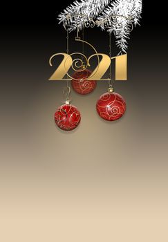 Luxury elegant Christmas New Year ornament with red gold baubles, hanging digit 2021 on black gold background. Vertical 2021 New Year card. Place for text, copy space, mock up 3D Illustration.