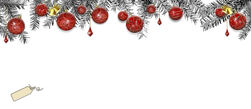 Wide elegant Christmas New Year border with fir branches, red and gold baubles on white. Horizontal. Festive menu, greeting, invitation. Place for text, copy space, mock. 3D illustration