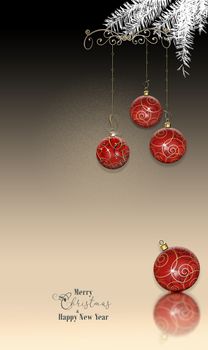 Elegant shiny realistic Christmas balls baubles with gold decoration, fir branch, reflection, text on shiny black gold background. Invitation, greeting party card, poster, copy space, 3D illustration