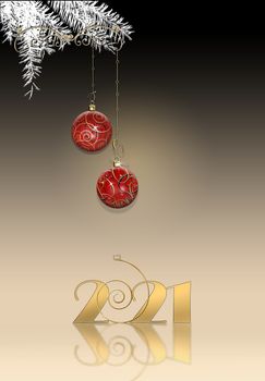 Luxury elegant Christmas 2021 New Year ornament with red gold bauble with gold confetti, digit 2021 on black background. Vertical 2021 New Year card. Place for text, copy space. 3D Illustration.