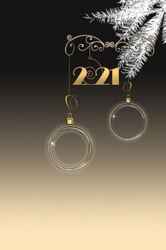 Elegant minimalist 2021 New Year, Christmas background. Gold Christmas balls with fir brunch, hanging digit 2021 on black background with confetti. 3D illustration