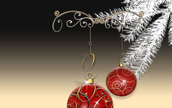 Luxury elegant Christmas 2021 New Year ornament with red gold baubles with gold ornament on black dramatic background. Minimalist New Year card. Place for text, copy space. 3D Illustration.