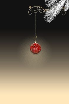 Luxury elegant Christmas 2021 New Year ornament with red gold bauble with gold confetti on black dramatic background. Minimalist vertical New Year card. Place for text, copy space. 3D Illustration.