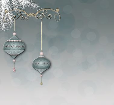 Luxury elegant Christmas New Year ornament with green gold bauble on pastel background with bokeh. Minimalist New Year card. Place for text, copy space. 3D Illustration.