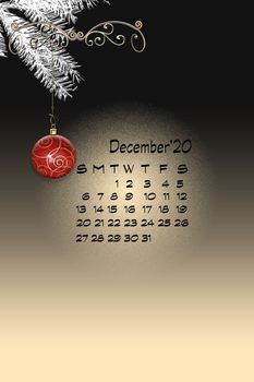 Luxury elegant 2020 Christmas New Year ornament with red gold bauble with gold confetti, digit 2021 on black background. Vertical New Year card with December calendar. 3D Illustration.