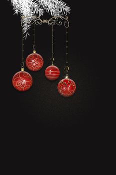 Elegant luxury red shiny realistic Christmas baubles with gold decoration on shiny black gold background with fir branch. Invitation, greeting card, party flyer, poster, copy space, 3D illustration