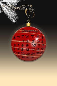 December calendar on red bauble hanging on fir brunches with gold decoration. Vertical, invitation, greeting card, party flyer, poster, copy space, mock up. 3D illustration