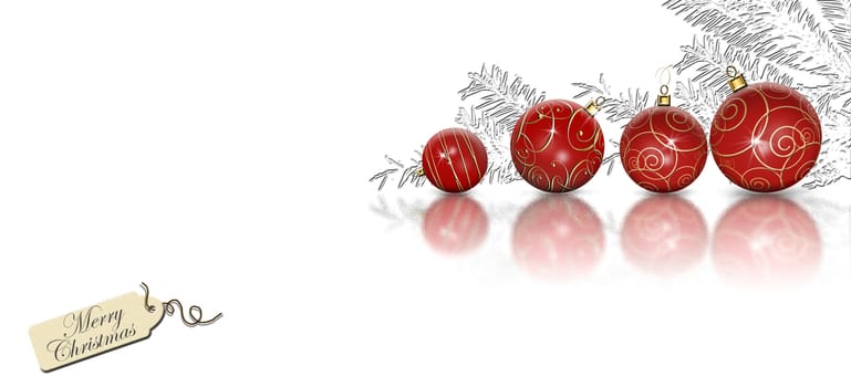 Elegant Christmas New Year background for greeting card, invitation, party flyer, poster. Beautiful shiny red gold balls baubles, tag on white background. Horizontal. Place for text. 3D illustration
