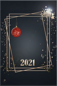 Luxury Christmas card in gold and black colors with frames, confetti and red gold Christmas bauble. 3D Illustration, banner, mock up. Black Friday concept