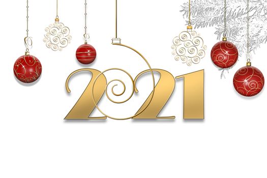 Holiday 2021 New Year party invitation with hanging gold digit 2021, red baubles on white background with Christmas fir branches. 3D illustration. Place for text. Copy space