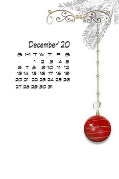 Luxury elegant 2020 Christmas 2021 New Year ornament with red gold bauble and page from December calendar on white background. Vertical New Year card with December calendar. 3D Illustration.