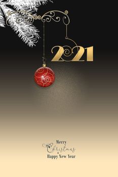 Luxury elegant Christmas New Year ornament with red gold bauble with gold confetti, digit 2021 on black background. Vertical 2021 New Year card with text. Place for text, copy space. 3D Illustration.