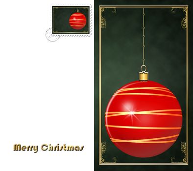 Vintage style post card. Red retro Christmas ball, gold decoration on grunge green background with gold frame. Stamp on white background. Text Merry Christmas. Place for text, mock up. 3D illustration