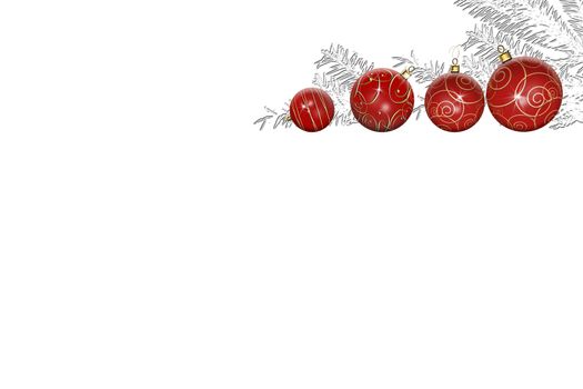 Elegant Christmas New Year background for greeting card, invitation, party flyer, poster. Beautiful shiny red gold balls baubles, tag on white background. Horizontal. Place for text. 3D illustration