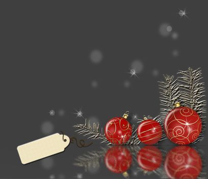 Elegant Merry Christmas Happy New Year background for greeting card, invitation, party flyer, poster. Beautiful shiny red gold balls baubles and tag. Mock up, place for text. 3D illustration