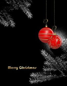 Dramatic Christmas New Year card with hanging red balls baubles with gold decoration on black and white background of Christmas tree branches 3D illustration. Place for text