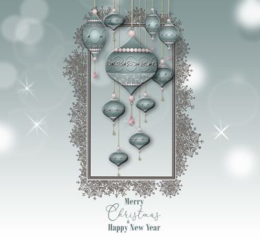 Elegant trendy New Year Christmas background with grey pink balls with gold ornament on pastel background. Text Merry Christmas and Happy New Year. Copy space, mock up, place for text. 3D illustration