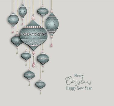 Christmas 3D illustration on pastel background. Text Merry Christmas and Happy New Year, green baubles and balls with gold ornament.