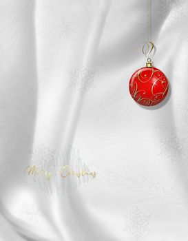 Christmas red ball bauble with gold decoration on white silk background. Gold text Merry Christmas. Place for text, copy space. 3D illustration