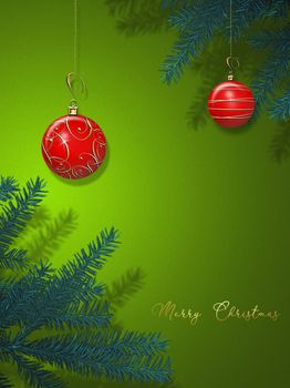 Traditional Christmas New Year card with red balls baubles on green background with Christmas tree branches. 3D illustration. Goldt text Merry Christmas