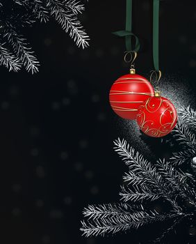 Dramatic Christmas New Year card with hanging red balls baubles with gold decoration on black and white background of Christmas tree branches 3D illustration. Place for text