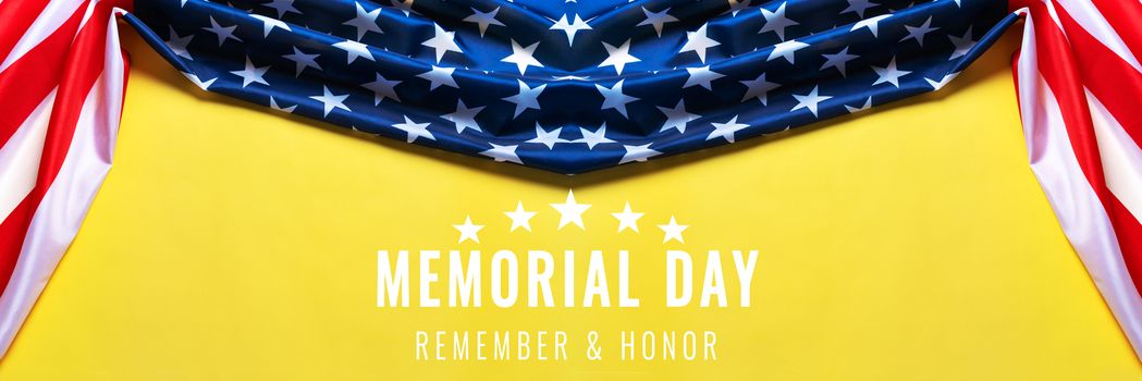 USA Memorial day and Independence day concept, United States of America flag on yellow background