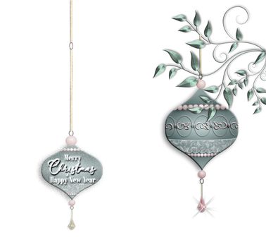 Luxury green pink Christmas baubles with jewelry decoration hanging against white background. Text Merry Christmas Happy New Year. Copy space. Place for text, mock up. 3D illustration