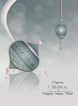 Elegant background with beautifully decorated Christmas balls baubles with reflection. Text Merry Christmas Happy New Year. 3D illustration