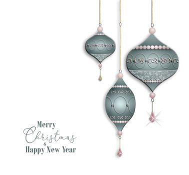 Luxury elegant Christmas 2021 New Year greeting with pastel green baubles balls with jewelry pink pearl decoration on white background. Text Merry Christmas Happy New Year. Copy space. 3D illustration